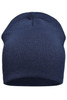 A cotton beanie in navy blue, featuring a seamless, knitted design, and includes a logo.