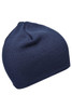 A cotton beanie in navy blue with a simple, seamless design and a rounded crown.