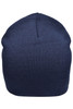 A navy cotton beanie with a snug fit, featuring a simple design and a seamless top.