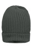 A warm knitted beanie in dark grey with a ribbed texture, featuring a folded cuff and simple design.