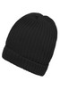 A black knitted beanie with a ribbed texture and a folded cuff. It features a logo on the side.