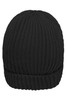A warm knitted beanie in black colour, featuring a ribbed design and a fold-over brim.