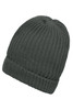 A warm knitted beanie in a deep grey colour with a ribbed texture and folded cuff. It features a logo.