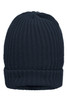 A dark navy knitted beanie with a ribbed design and a folded cuff. It features a logo on the side.