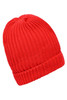 A warm knitted beanie in vibrant red, featuring a textured ribbed design and a folded cuff.