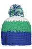 A knitted beanie with a pompon, featuring green, white, and blue stripes, and a small logo tag.