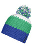 A beanie with a pompon, featuring green, white, and blue stripes, and a small logo on the side.