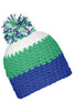 A multicoloured beanie with a pompon, featuring green, white, and blue sections. It has a branded logo.