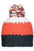A knitted beanie in orange, white, and navy blue with a pompon on top. It features a logo.