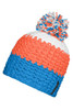 A beanie with a pompon, featuring a colourful design in orange, white, and blue. It has a brand logo.