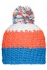 A knitted beanie in orange, blue, and white, featuring a pompom on top and a textured pattern.