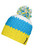A beanie with a pompon, featuring blue, white, and yellow crochet patterns. It has a logo on the side.