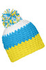 A blue, yellow, and white beanie with a large pompon on top and a logo on the side.