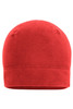 A red microfleece beanie with a smooth texture and a snug fit, featuring a logo.