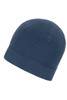 A navy blue microfleece beanie with a smooth, soft texture and a simple design. It features a logo.