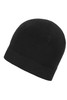 A black microfleece beanie with a soft texture and a simple design, featuring a logo.