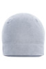 A grey microfleece beanie with a seamless design and soft texture. It features a small branding logo.