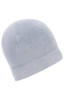 A light grey microfleece beanie with a simple design and a smooth texture. It features a branding logo.