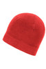 A red microfleece beanie with a simple design and a logo. It has a soft texture.