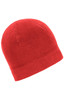 A red microfleece beanie with a simple design and a logo on it.