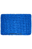 A bright blue crocheted headband with a textured pattern and an inner lining. It features a branding logo.