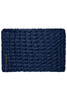 A dark navy crocheted headband with a textured pattern and a small logo on the side.