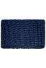 A dark blue crocheted headband with a textured pattern and a soft, warm appearance.