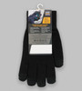 Black knitted gloves with touch-screen capability, featuring a product tag. The gloves are displayed flat against a grey background.