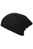 A black knitted long beanie featuring a ribbed texture and slouchy design. It has a logo on one side.
