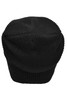 A knitted long beanie in solid black, showcasing a textured knit pattern. Features a logo on the side.