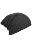 A knitted long beanie in a dark grey colour, featuring a ribbed texture and slouchy design.