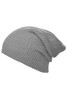A grey knitted long beanie with a slouchy design and ribbed texture. It features a logo on the side.