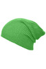 A knitted long beanie in bright green, featuring a stylish ribbed design. It has a logo on the side.