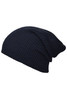 A knitted long beanie in dark navy, featuring a ribbed texture and a casual slouchy design.