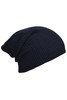 A knitted long beanie in dark navy, featuring a textured ribbed design. It has a simple logo.