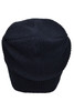 A navy knitted long beanie with a fitted design and textured knit pattern. Features a branding logo.