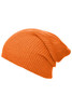 An orange knitted long beanie with a ribbed texture, featuring a slouchy design. It has a logo on it.
