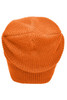 An orange knitted long beanie with a textured finish and a slouchy design. It features a logo on the side.