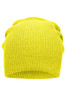 A knitted long beanie in a bright yellow colour with a soft, textured finish and a rolled edge.