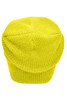 A knitted long beanie in bright yellow, showcasing a textured, stretchable fabric. The beanie features a simple design.