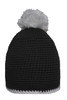 A black beanie with a contrast white stripe and a grey pompon on top. It features a simple crocheted design.