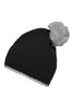 A black pompon hat with a grey pompom and contrast white stripe along the bottom. Features a logo.