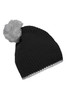 A black knitted hat with a contrast white stripe and a fluffy grey pompom on top. It features a logo.