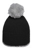 A black knitted hat with a grey pompon on top and a contrasting grey stripe at the base.