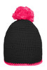 A black knitted hat with a pink pompon on top and a pink contrast stripe around the bottom. It features a branding logo.