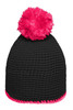 A black knitted hat with a bright pink pompon on top and a pink contrast stripe at the base.