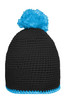 A black knitted hat with a bright blue pompom and contrast stripe around the base. It features a logo.