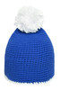 A blue knitted hat with a white pompom and a white contrast stripe at the bottom, featuring a logo.
