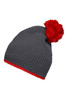 A grey knitted pompon hat with a red contrast stripe and a red pompom on top. It features a logo.