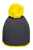 A knitted pompon hat in grey with a bright yellow pompom and contrast stripe at the base.